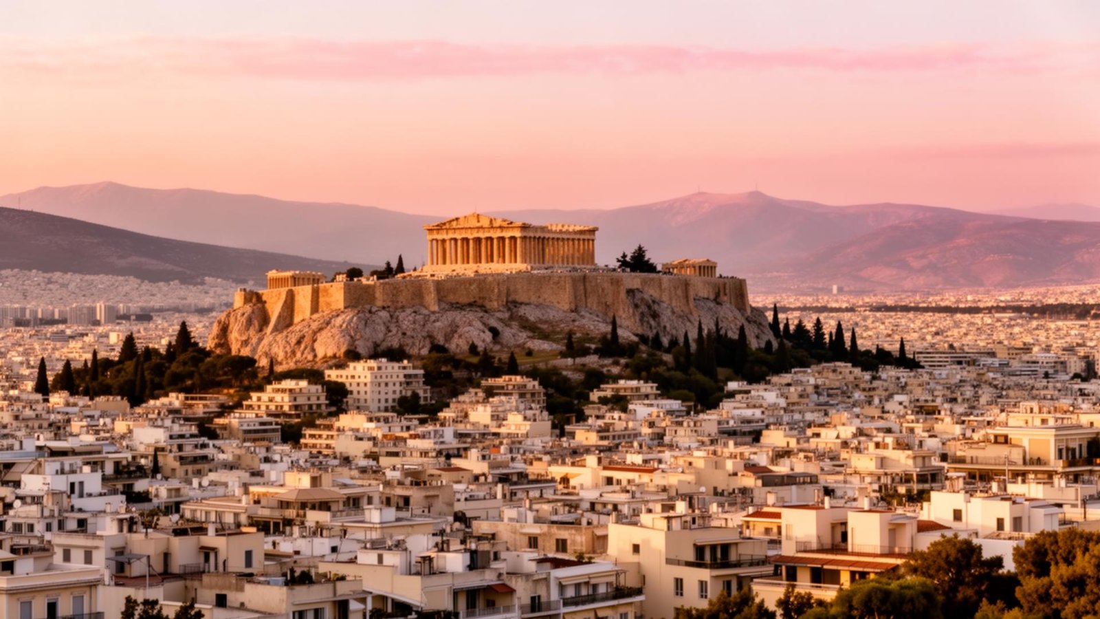 Athens skyline with the Acropolis at golden hour