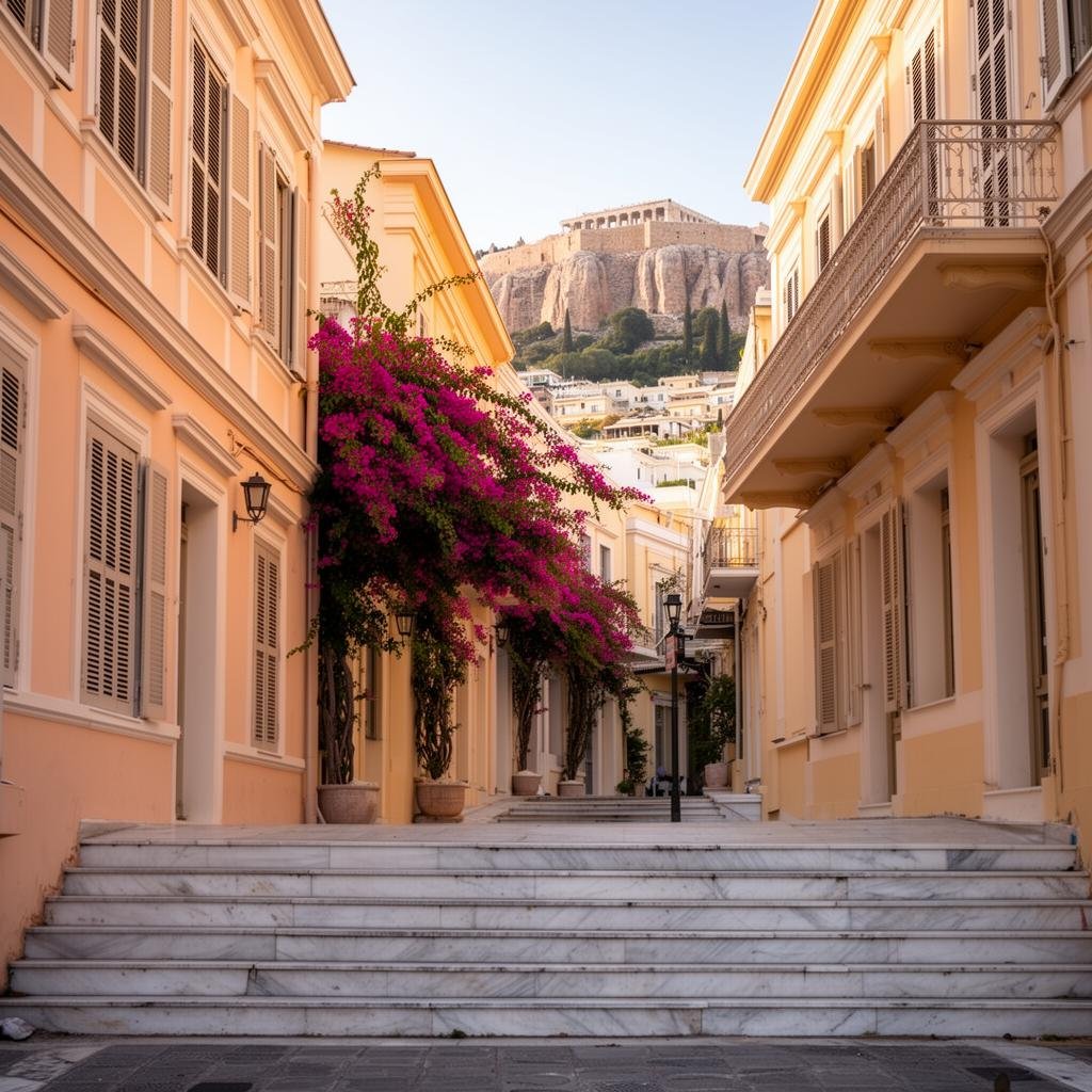 A quiet neoclassical street in Plaka, Athens with the Acropolis above